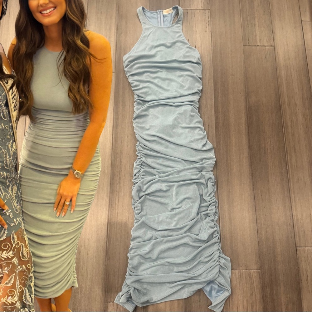 VICI Esmai Ruched Knit Midi Dress | Blue Bodycon Sleeveless Size Small